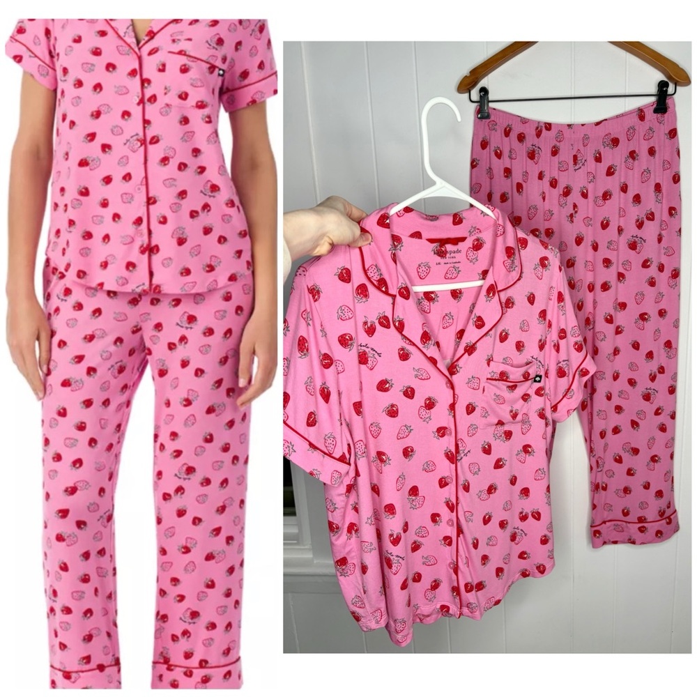 🍓Kate Spade New York Strawberry Printed Pajama Set Pink Fruit Shirt Pants Large